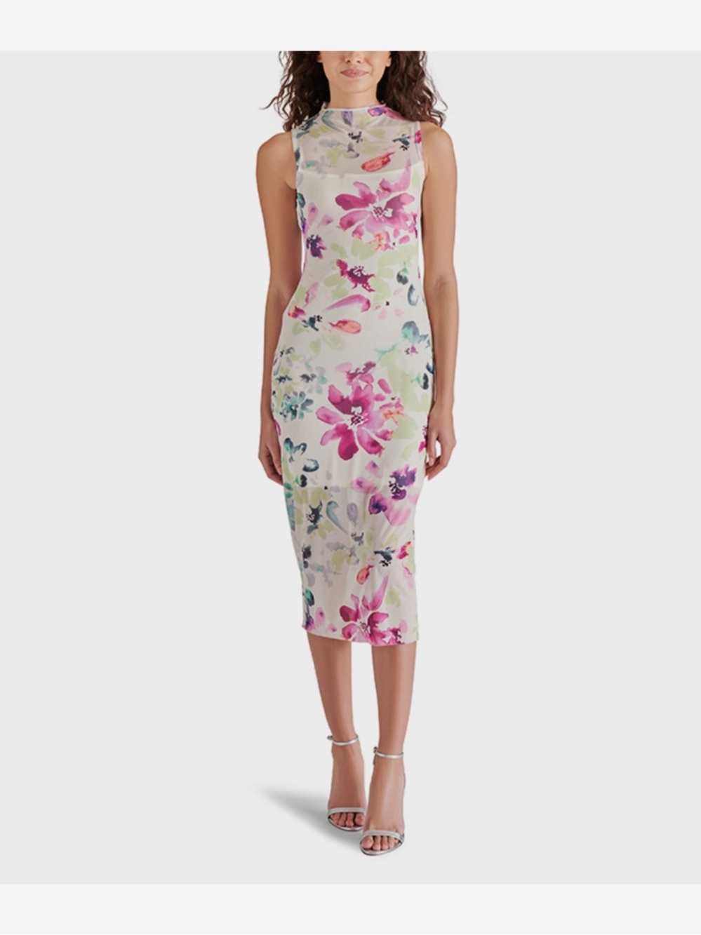 Steve Madden Sidra Floral Print Mesh Mock Neck Sleeveless Midi Dress- Size XS